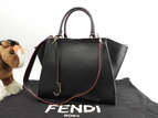 フェンディ トロワジュール レザー黒 s付ハンドバッグ トートバッグ 美品@