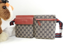 グッチ ベルトバッグ 紺GGシュプリーム コットン灰赤革 ボディバッグ ウエストバッグ 美品@