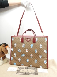 グッチ s付トートバッグ大 ドラえもん マイクロGG茶赤 ハンドバッグ大 ショルダーバッグ 美品@