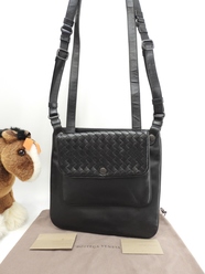 ボッテガヴェネタ ダブルポシェット イントレチャート レザー黒 斜掛ショルダーバッグ@