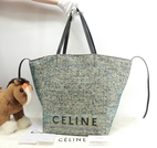 セリーヌ カバファントムミディアム ツイード 青黄白黒 トートバッグ ショッピングバッグ 美品@W-CU-2197