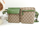 グッチ ベルトバッグ GGシュプリーム コットン茶革緑 ボディバッグ ウエストバッグ 美品@