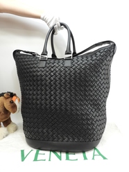 ボッテガヴェネタ 特大s付トートバッグ イントレチャート中 レザー黒 メンズハンドバッグ 美品@IC