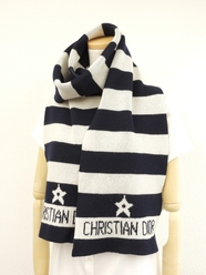 クリスチャンディオール マフラー カシミア100% 紺白 ボーダー 星 美品@