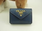 プラダ ミニウォレット メタルロゴ サフィアーノ濃青 3折スモール財布 美品@181E