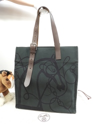 エルメス エトリヴィエール スティープル 緑コットンデニム焦茶革 ショルダーバッグ@□Q