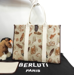 ベルルッティ トートバッグXL プリントファブリック コットン革茶 メンズショルダー特大@G0224